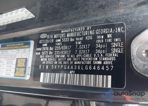 2020 Kia Sorento 2.4L Lx from USA, damaged, VIN 5XYPG4A36LG646457
